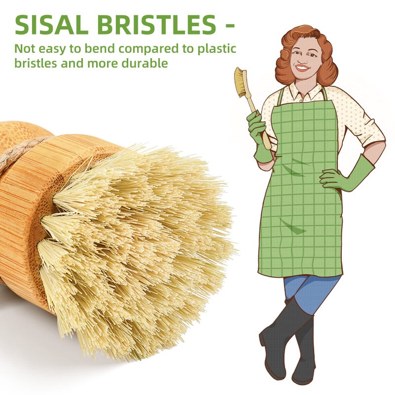 SUBEKYU Bamboo Dish Scrub Brushes for Kitchen, Cleaning Scrubber for Washing Cast Iron Pan/Pot, Natural Sisal Bristles, 1 Pack - Image 2
