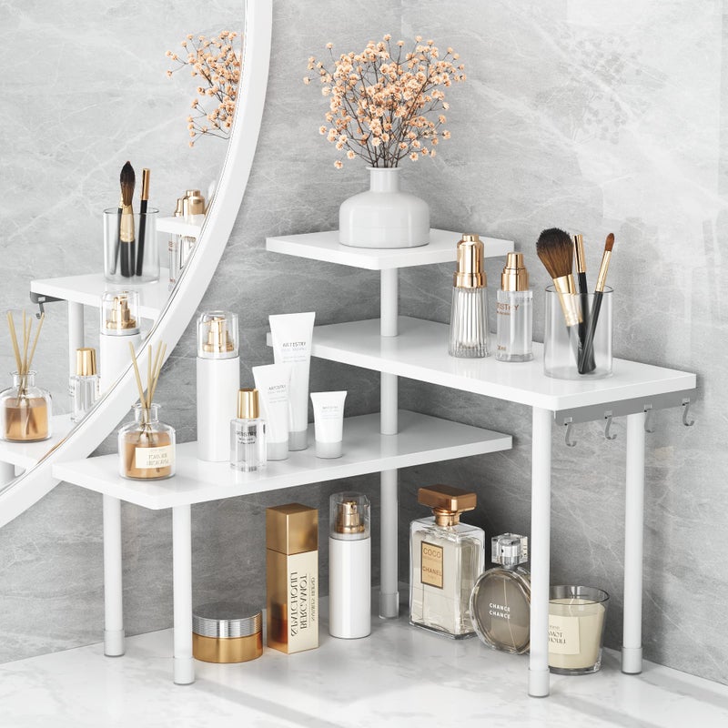 Kitchen Counter Shelf Organizer 3 Tier Corner Shelf Bamboo Bathroom Countertop with Hooks Space Saving Makeup Organizer Spice Rack Corner Plant Shelf