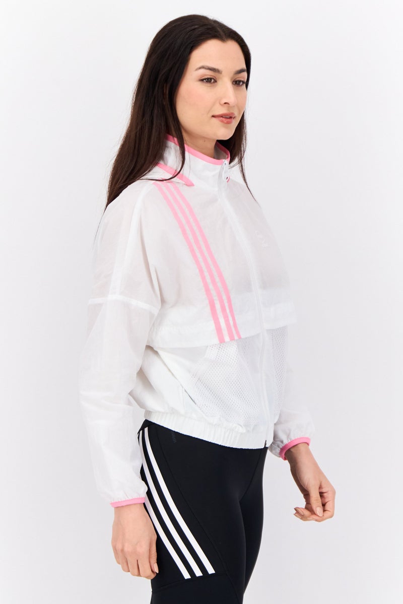 Adidas Women Sportswear Fit Long Sleeve Training Hooded Jacket, White/Pink - Image 2