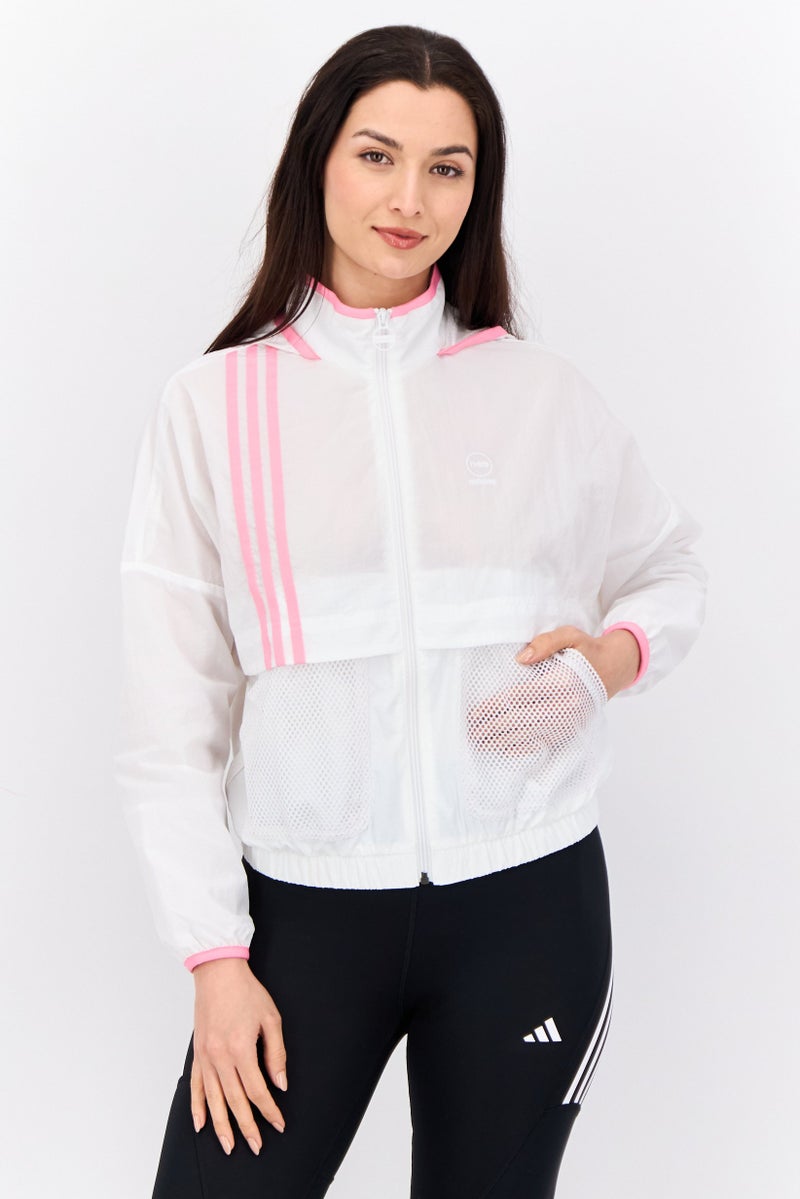 Adidas Women Sportswear Fit Long Sleeve Training Hooded Jacket, White/Pink - Image 1