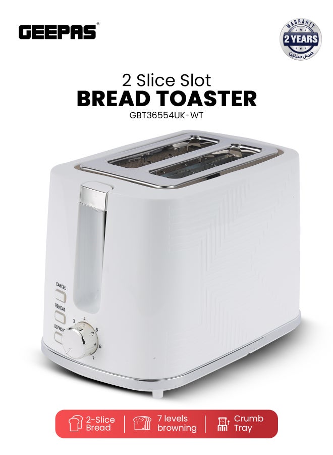 GEEPAS 2 Slice Bread Toaster With Re-Heat, Defrost, Stop Button, Adjustable Browning Control 7 Settings, Removable Crumb Collector Tray, Automatic Cut-Off, 900 Watt Power, Movable Steel Net 2 Slices 900 W GBT36554UK-WT White - Image 1