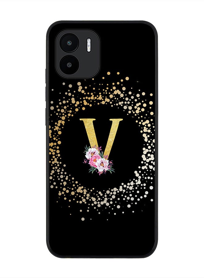 Stylizedd Rugged Black edge case for Xiaomi Redmi A1, Slim fit Rubber Edges Thin Cover -  Custom Monogram Initial Letter Floral Pattern Alphabet - V  (Black ) - Image 1