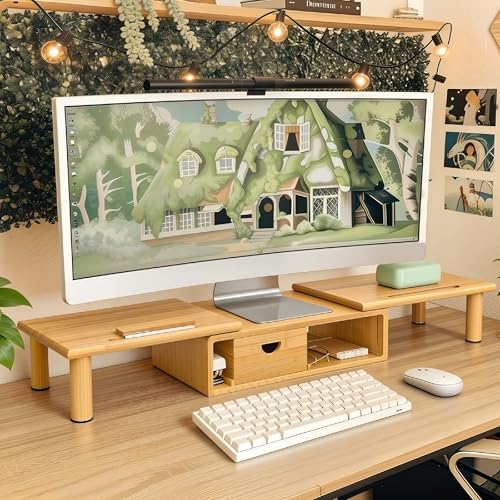 ROCDEER Dual Monitor Stand Riser with Drawer for Desk Laptop Desk Shelf with Adjustable Length and Angle, Bamboo Computer Stand Riser for 2 or 3 Monitors Screen Laptop PC TV -Natural - Image 2