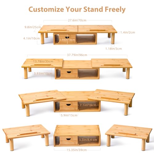 ROCDEER Dual Monitor Stand Riser with Drawer for Desk Laptop Desk Shelf with Adjustable Length and Angle, Bamboo Computer Stand Riser for 2 or 3 Monitors Screen Laptop PC TV -Natural - Image 3