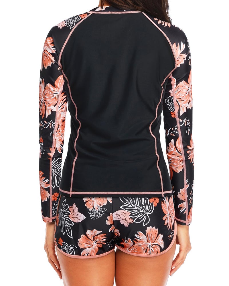 Daci Women's Long Sleeves Rash Guard - 2 Piece Swimsuits with Built in Bra Swim Shirt and Shorts with Pockets Orange Floral M - Image 2