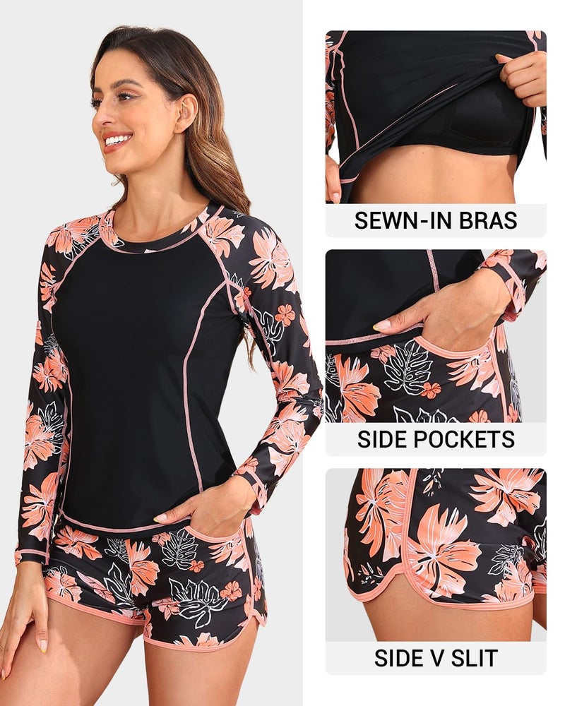 Daci Women's Long Sleeves Rash Guard - 2 Piece Swimsuits with Built in Bra Swim Shirt and Shorts with Pockets Orange Floral M - Image 4