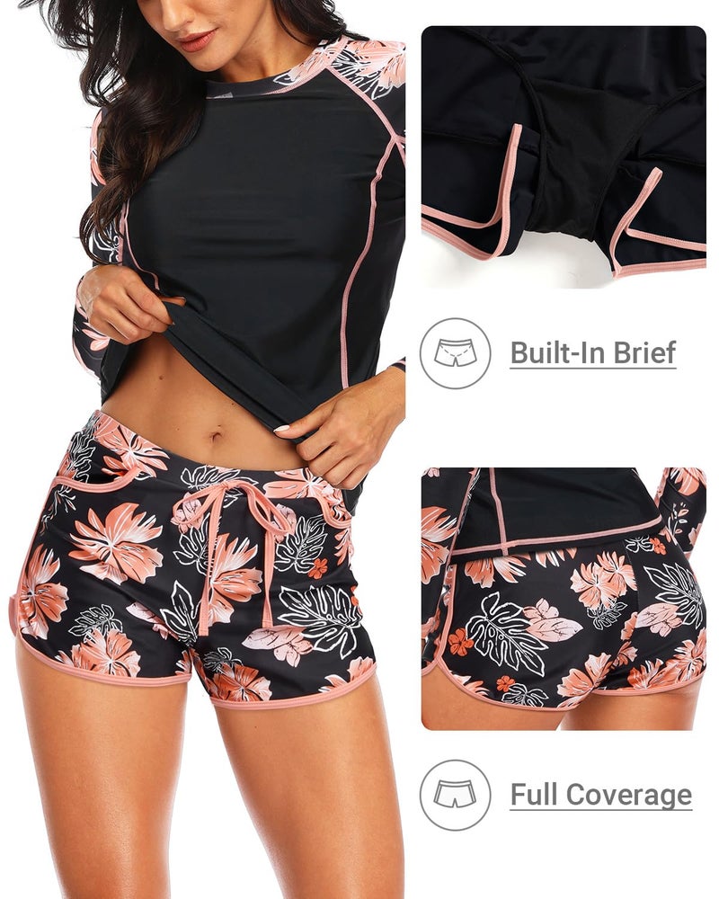 Daci Women's Long Sleeves Rash Guard - 2 Piece Swimsuits with Built in Bra Swim Shirt and Shorts with Pockets Orange Floral M - Image 5