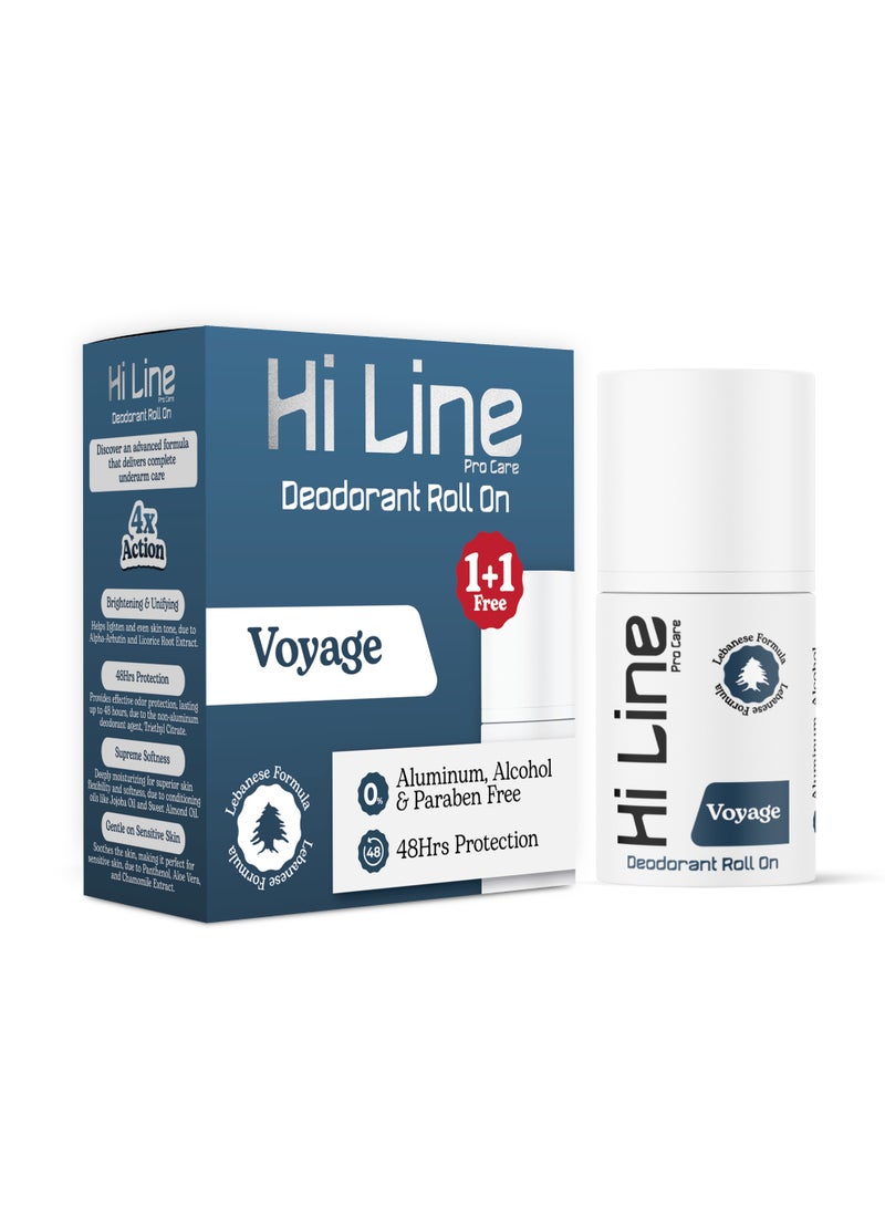 Hi Line Pro Care Deodorant Roll On Voyage 50ml Aluminum Free 48 Hour Protection Gentle on Sensitive Skin Fresh Clean Scent 1+1
