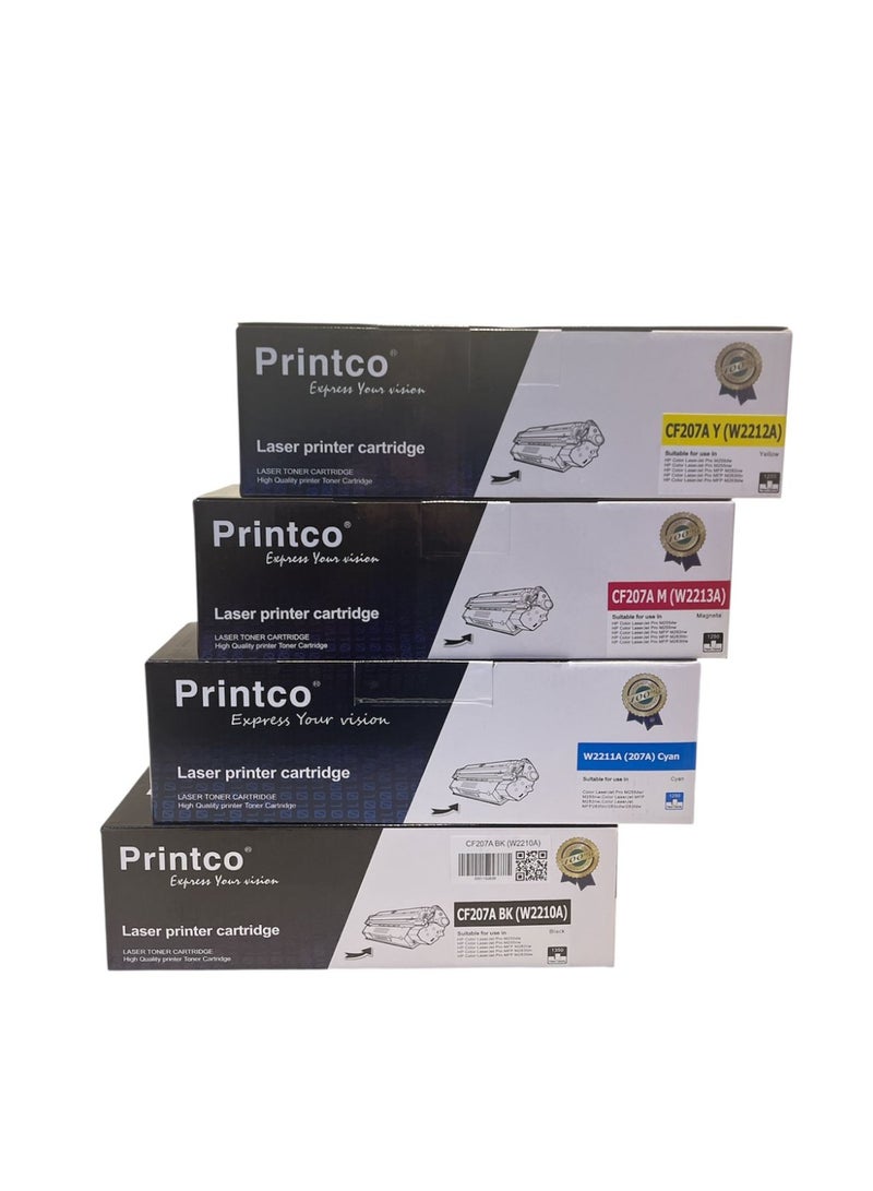 برينتكو مجموعة حبر 207A من 4 ألوان لـ HP Pro M255 / M283fdw / M283fdn متعدد الألوان W2210 أسود W2211A سماوي W2212A أصفر W2212A أرجواني (مع شريحة) - Image 1