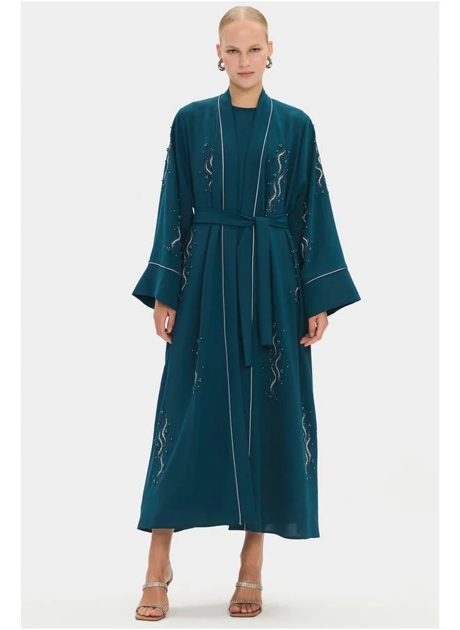 جون June Women Stoned Waist Tie Detailed Abaya Teal