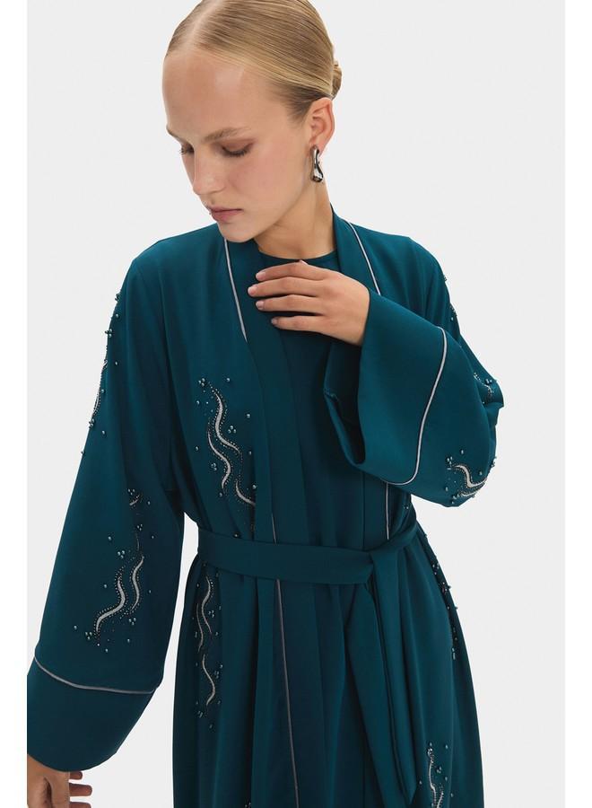 جون عباية نسائية بتفاصيل حجرية وربطة خصر - تركواز - Image 3