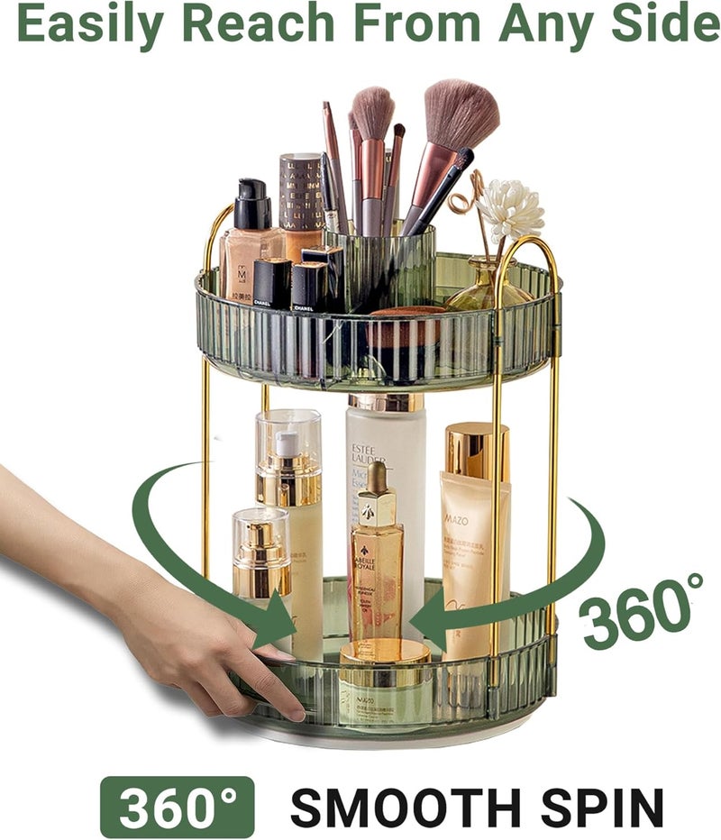 Asayuee 360 Rotating Makeup Organizer,2 Tier Large Capacity Make Up Organizers and Storage,Skincare Perfume Vanity Organizers,Bathroom Cosmetics Storage Organizer Countertop (Green) - Image 3