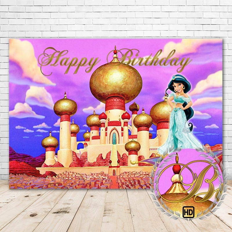 YR Princess Jasmine Happy Birthday Backdrop 7x5 Vinyl Aladdin Castle Backdrops for Photography Magic Carpet Jasmine Background Baby Shower for Girl