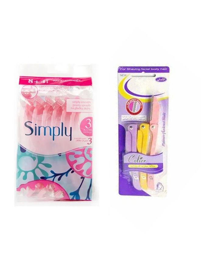 Simply 8 + 4 Pieces Razor Set Pink + 3 Pieces Hair Shaving Pink / Purple / Yellow
