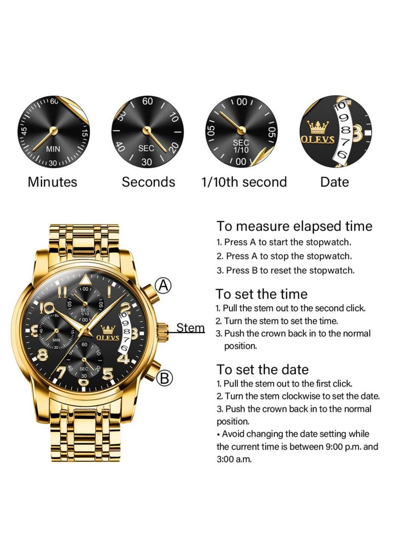 OLEVS Men's Stainless Steel Chronograph Large Dial Analog Quartz Watch Luxury Waterproof Date Diamond Roman Arabic Numeral Dial Dress Watch 2879 - Image 5