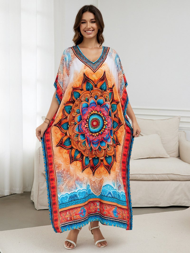 Generic Cross-border European and American rayon tie-dyed beach jumpsuit long dress loose robe bikini swimsuit outer blouse sun protection shirt Zs2277-19 orange manalas
