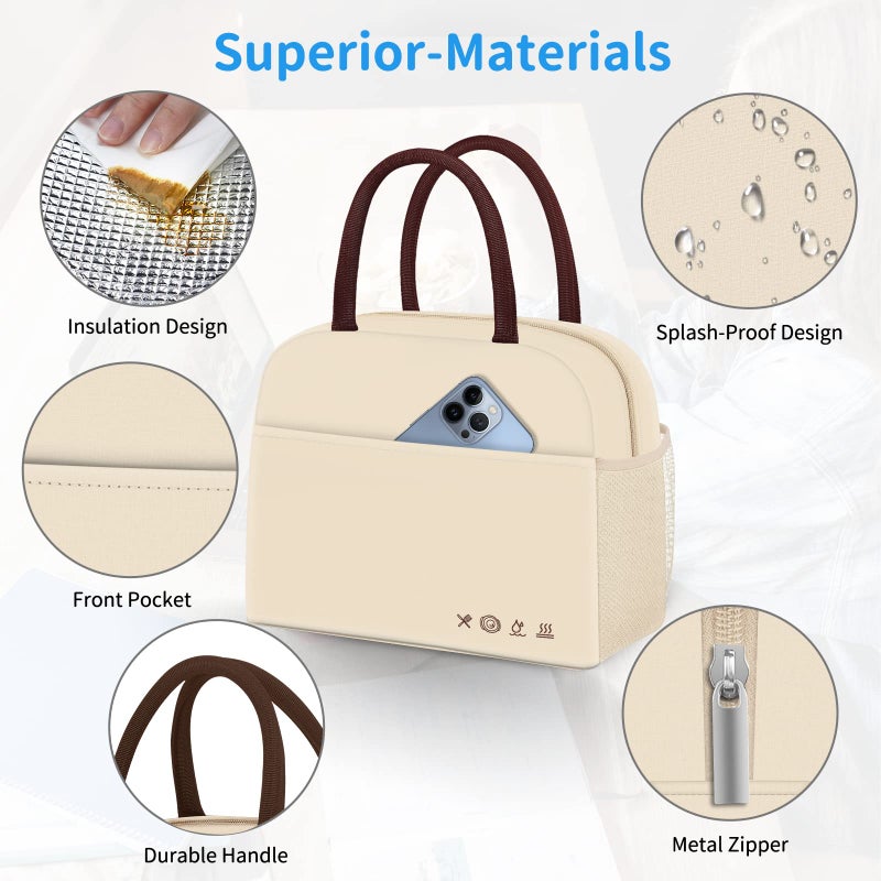 DALINDA Lunch Bag Lunch Box for Women Men Reusable Insulated Lunch Bags for Adults,Water-Resistant Cute Cooler Lunch Tote Bag, Large Capacity for Work Travel Picnic,Beige - Image 2