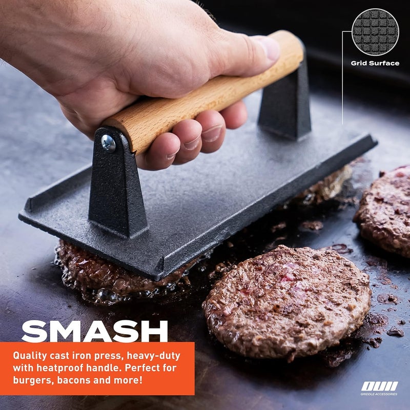 مجموعة إكسسوارات للمقلاة ذات السطح المسطح لماركات Blackstone و Camp Chef - غطاء دائري مقاوم للصدأ بقطر 12 بوصة، مزود بقمع لذوبان الجبن، ومكبس للبرجر والبيكون، بالإضافة إلى فرشاة لدهن المقلاة. - Image 3