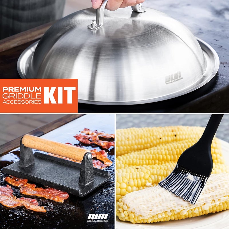 مجموعة إكسسوارات للمقلاة ذات السطح المسطح لماركات Blackstone و Camp Chef - غطاء دائري مقاوم للصدأ بقطر 12 بوصة، مزود بقمع لذوبان الجبن، ومكبس للبرجر والبيكون، بالإضافة إلى فرشاة لدهن المقلاة. - Image 2