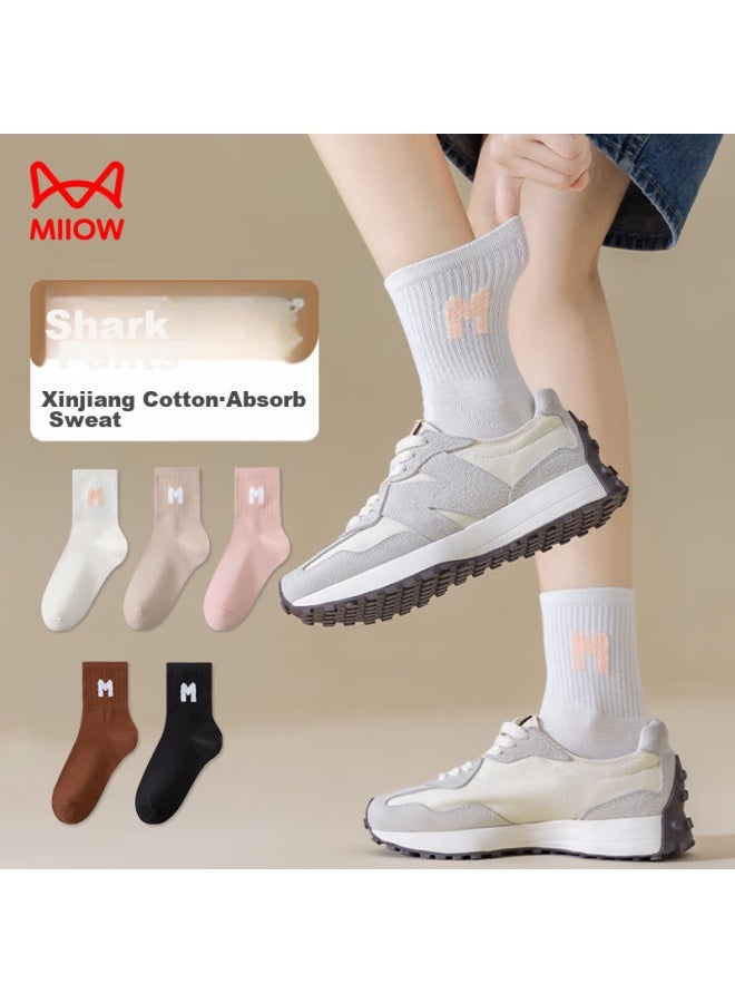 MIIOW MIIOW 5 Pairs 100% Pure Cotton Women's Socks, Fashionable Letter Mid-calf Socks, Sports Odor-resistant Athletic Socks To Match Shark Pants  - Image 2