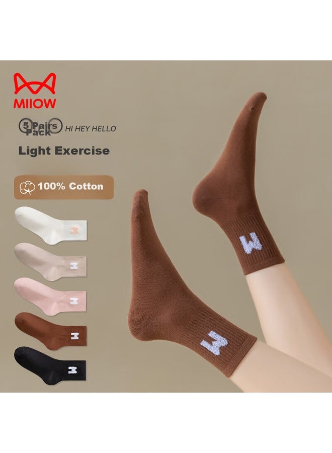 MIIOW MIIOW 5 Pairs 100% Pure Cotton Women's Socks, Fashionable Letter Mid-calf Socks, Sports Odor-resistant Athletic Socks To Match Shark Pants  - Image 1