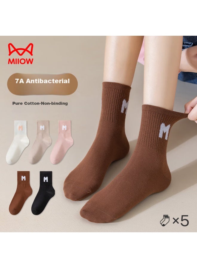 MIIOW MIIOW 5 Pairs 100% Pure Cotton Women's Socks, Fashionable Letter Mid-calf Socks, Sports Odor-resistant Athletic Socks To Match Shark Pants  - Image 4