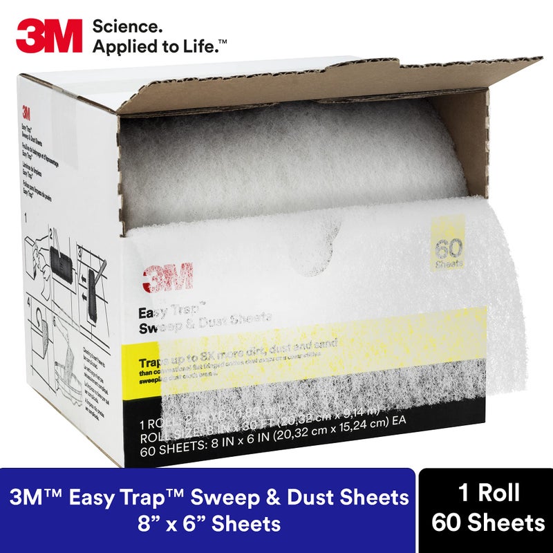 3M Easy Trap Sweep and Dust Sheets, 1 Roll of 60 8" x 6" Sheets, Disposable Easy Sweep Floor Duster, Picks Up 8x More Dirt, Dust, Sand, Hair, Works on Dry or Wet Surfaces, Hardwood Floors, 59152W - Image 2