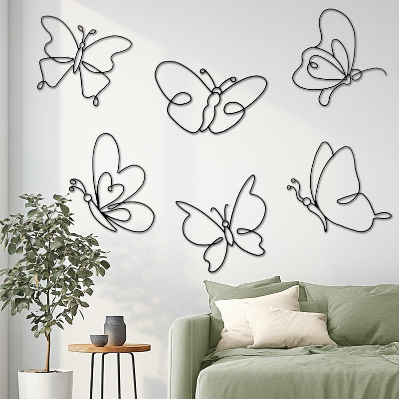 Hotop 6 Pieces Metal Butterfly Wall Decor 8 Inch Black Butterfly Wall Art Different Shapes Hanging Decor Minimalist Wire Art for Kitchen Bedroom Outdoor