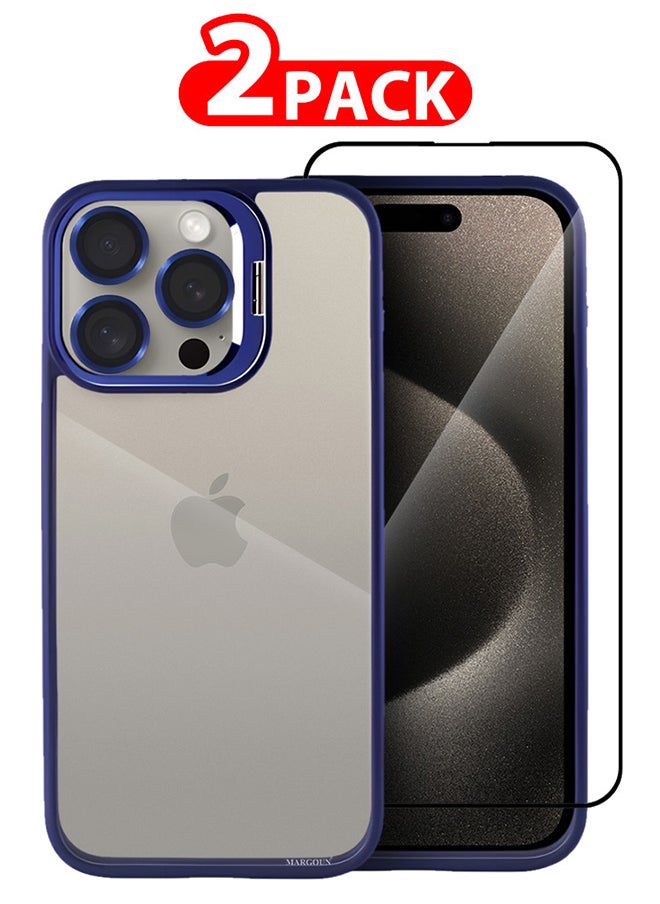 CATANES - 2 Pack iPhone 15 Pro Case Cover and Lens Protector and Screen Protector Built-in Camera Stand and Compatible with MagSafe Full Body Shockproof Case Clear Blue - Image 1