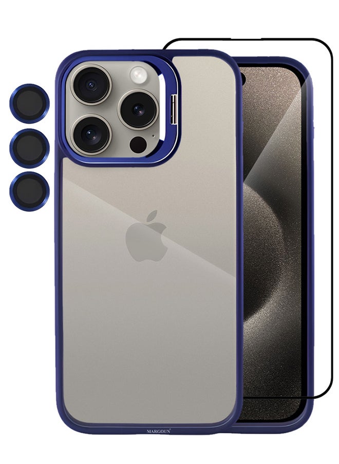 CATANES - 2 Pack iPhone 15 Pro Case Cover and Lens Protector and Screen Protector Built-in Camera Stand and Compatible with MagSafe Full Body Shockproof Case Clear Blue - Image 1