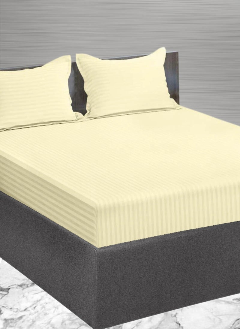 REDTOMMY LIGHT BEIGE Super King Size Stripe Bed Sheet Set Cotton 200x200+30cm - Image 1