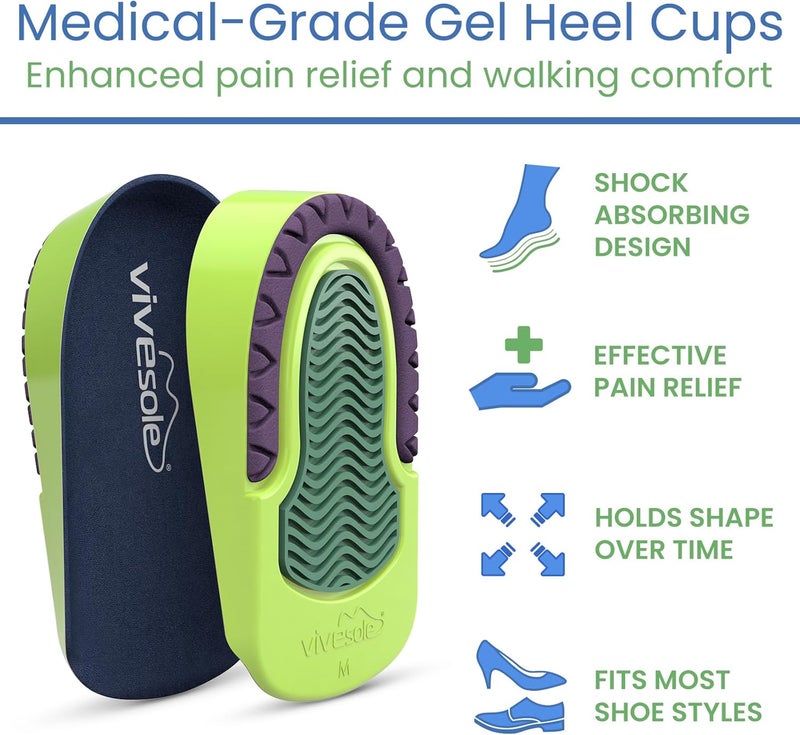 VIVEsole Gel Heel Cups for Pain Relief Pair  Heavy Duty Cushions  Shock Absorbing Pad Inserts for Shoes Men 85105 Women 912 - Image 2