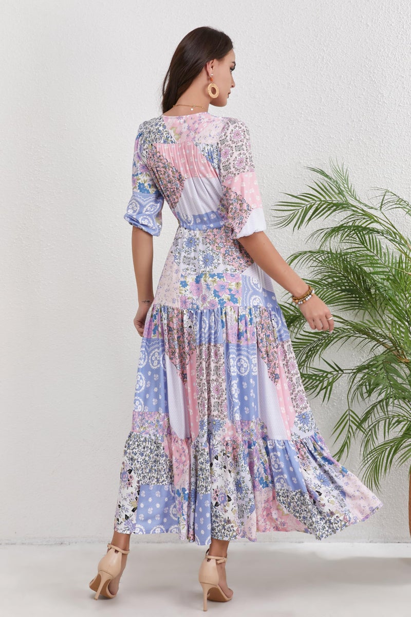 HECCPLI Women Short Sleeve V Neck Floral Print Casual Bohemian Maxi Dresses - Image 5