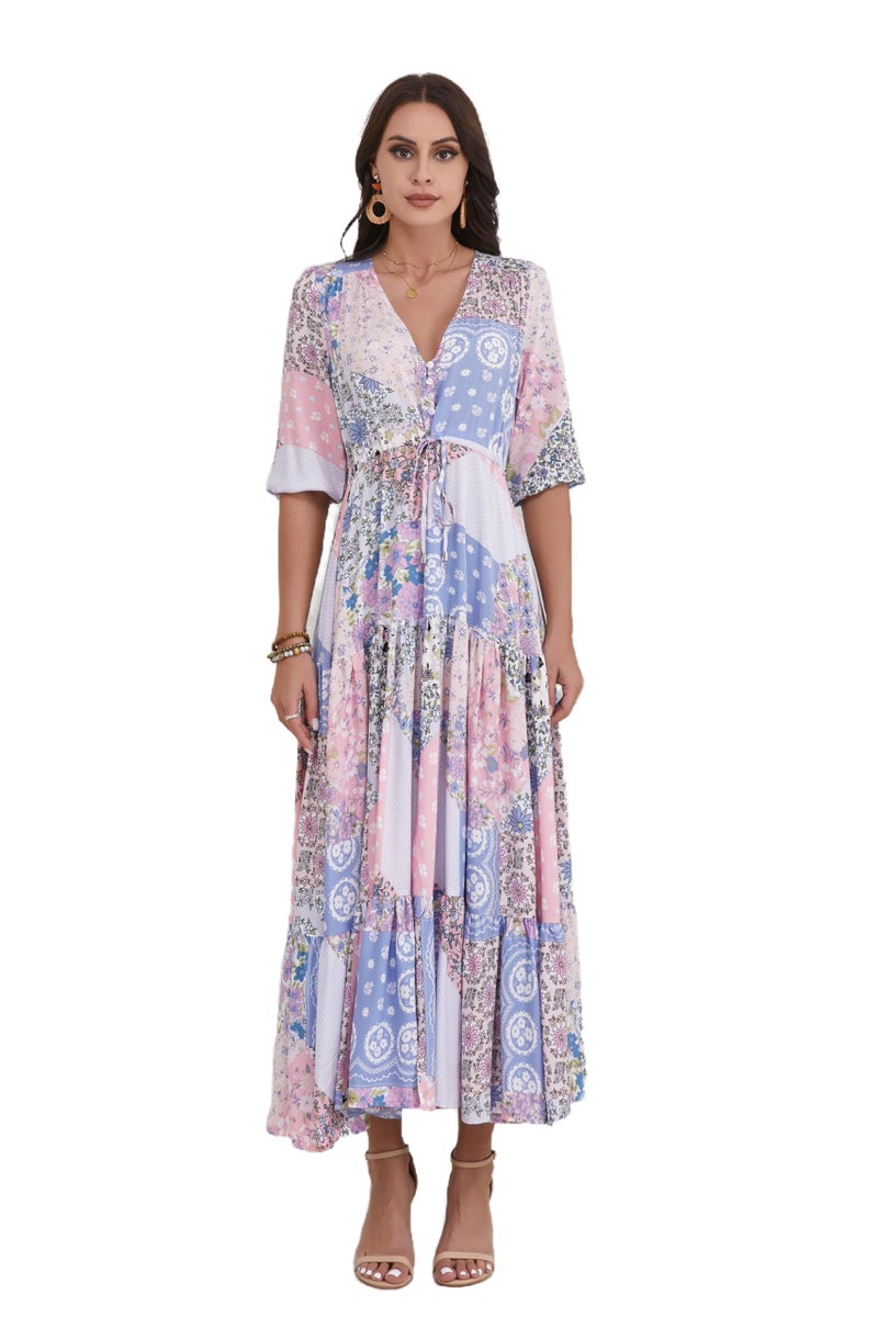 HECCPLI Women Short Sleeve V Neck Floral Print Casual Bohemian Maxi Dresses - Image 1