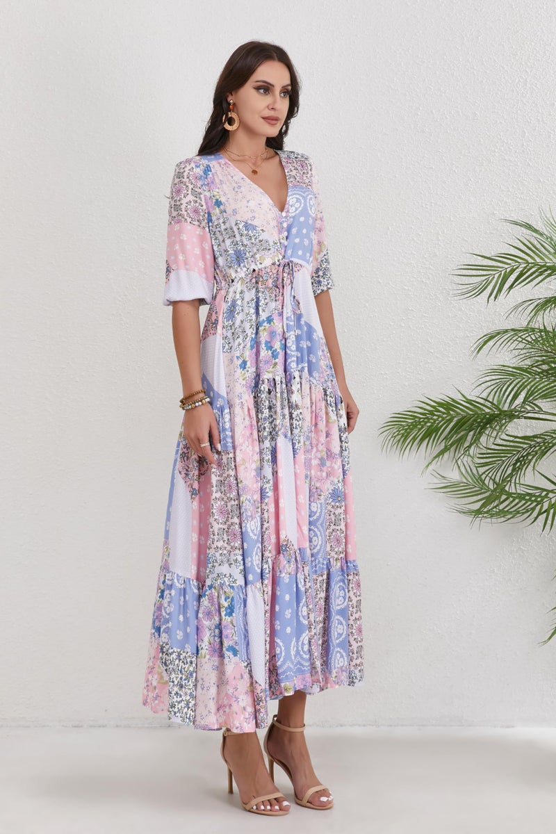 HECCPLI Women Short Sleeve V Neck Floral Print Casual Bohemian Maxi Dresses - Image 3
