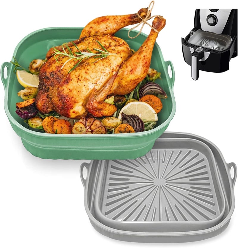 2-Pack Air Fryer Silicone Liners, 8 Inch Foldable and Reusable Air Fryer Silicone Backing Tray, Square Pot for 4-7 QT Air Fryer Accessories, Microwave & Oven & Dishwasher Safe - Image 1
