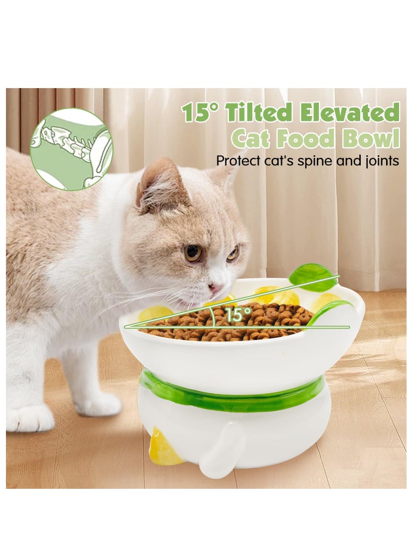Excefore - Ceramic Raised Cat Bowl, 15° Tilted Elevated Cat Food Bowl, Raised Cat Food Bowls Anti Vomiting, Small Cat Feeding Bowlswith Stand for Protecting Spine, Lemon Shaped Cute Kitten Bowl - Image 1