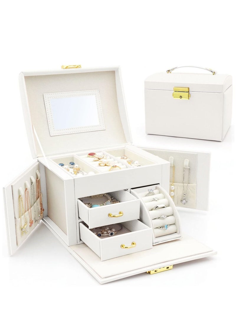 Arabest Jewelry Organizer Box, PU Leather Jewelry Storage Box with Mirror and Lock, Portable Jewelry Case for Watch, Rings, Necklace, Bracelet, Earring (White) - Image 1