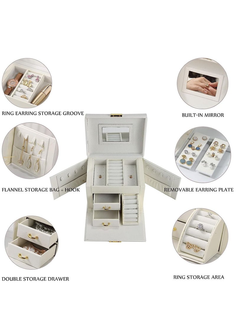 Arabest Jewelry Organizer Box, PU Leather Jewelry Storage Box with Mirror and Lock, Portable Jewelry Case for Watch, Rings, Necklace, Bracelet, Earring (White) - Image 2