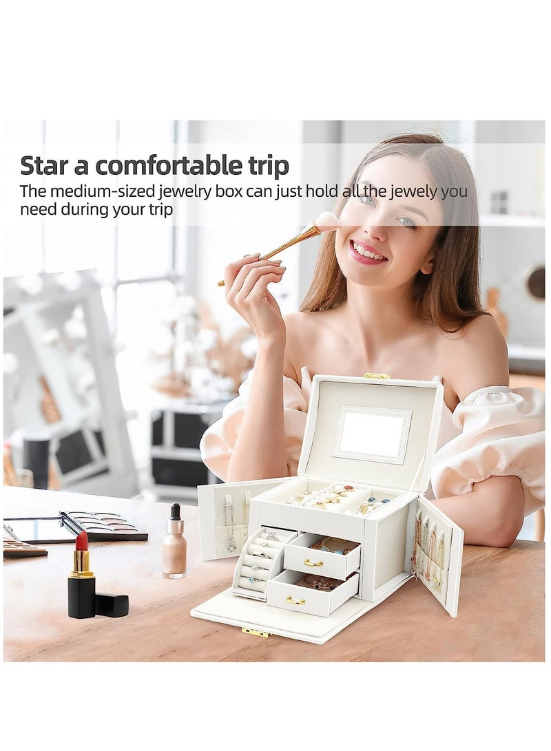 Arabest Jewelry Organizer Box, PU Leather Jewelry Storage Box with Mirror and Lock, Portable Jewelry Case for Watch, Rings, Necklace, Bracelet, Earring (White) - Image 3