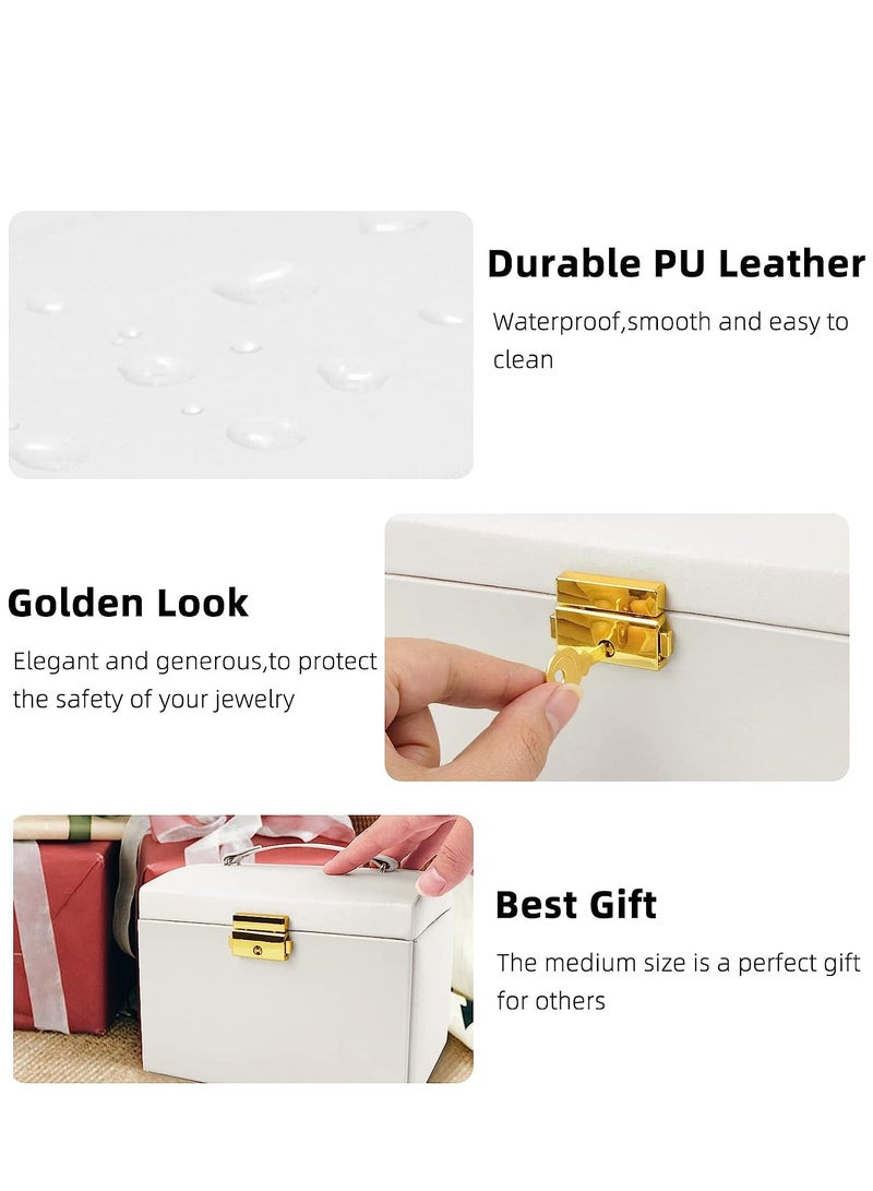 Arabest Jewelry Organizer Box, PU Leather Jewelry Storage Box with Mirror and Lock, Portable Jewelry Case for Watch, Rings, Necklace, Bracelet, Earring (White) - Image 4