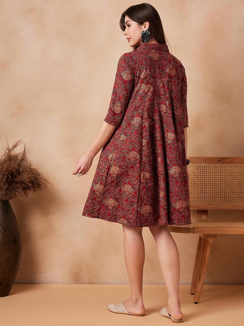 InWeave Rust Scales Printed Flared Dress - Image 3