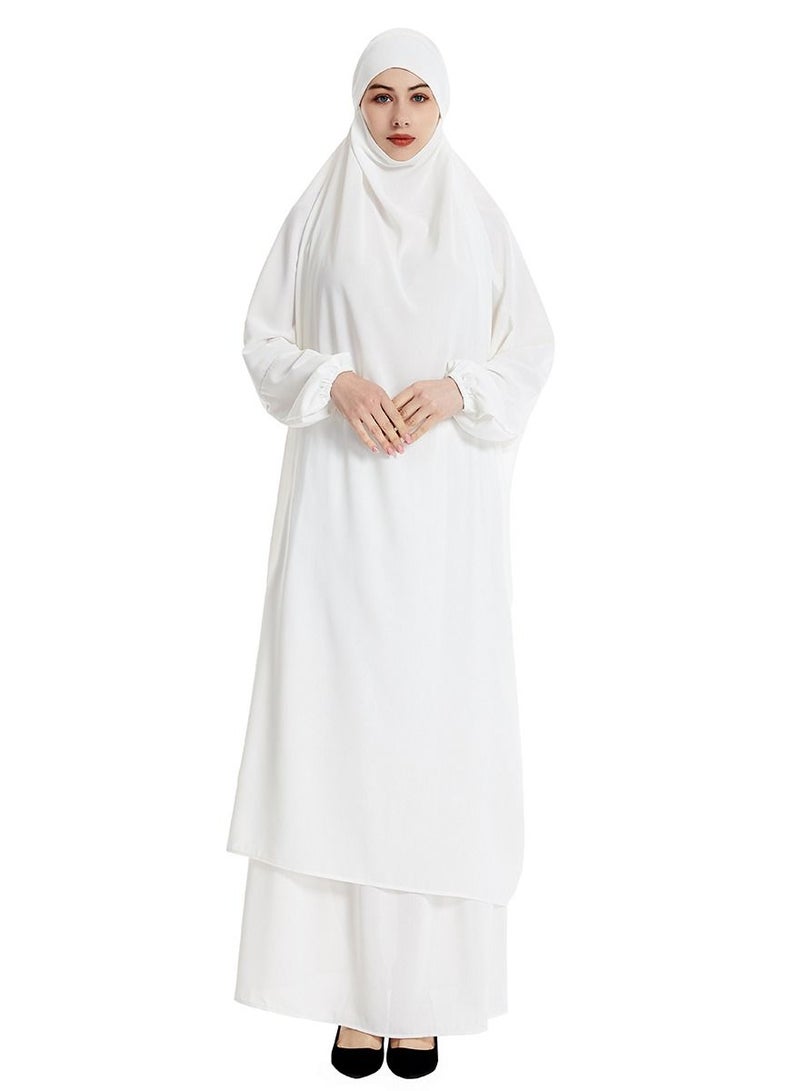 إسكدنيا Women's 2-Piece Solid Color Abaya Set Batwing Sleeve Abaya Thobe Robe And Half Skirt Suit White  - Image 1