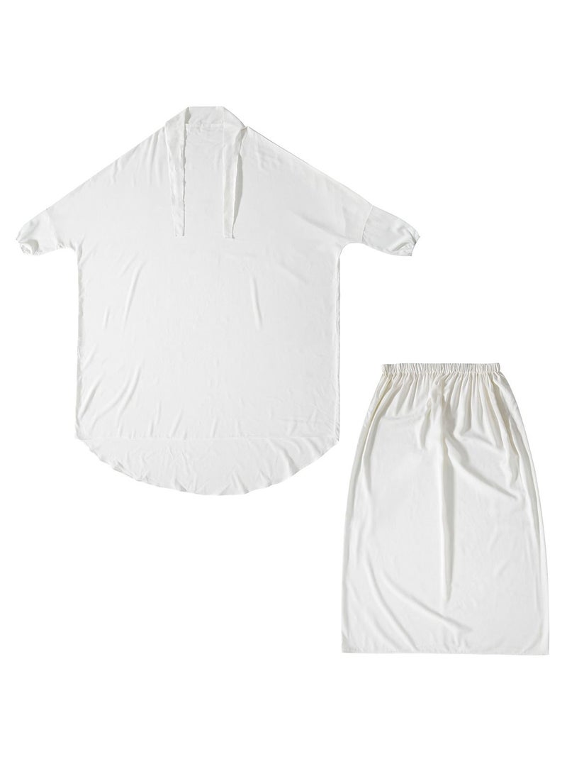 إسكدنيا Women's 2-Piece Solid Color Abaya Set Batwing Sleeve Abaya Thobe Robe And Half Skirt Suit White  - Image 3