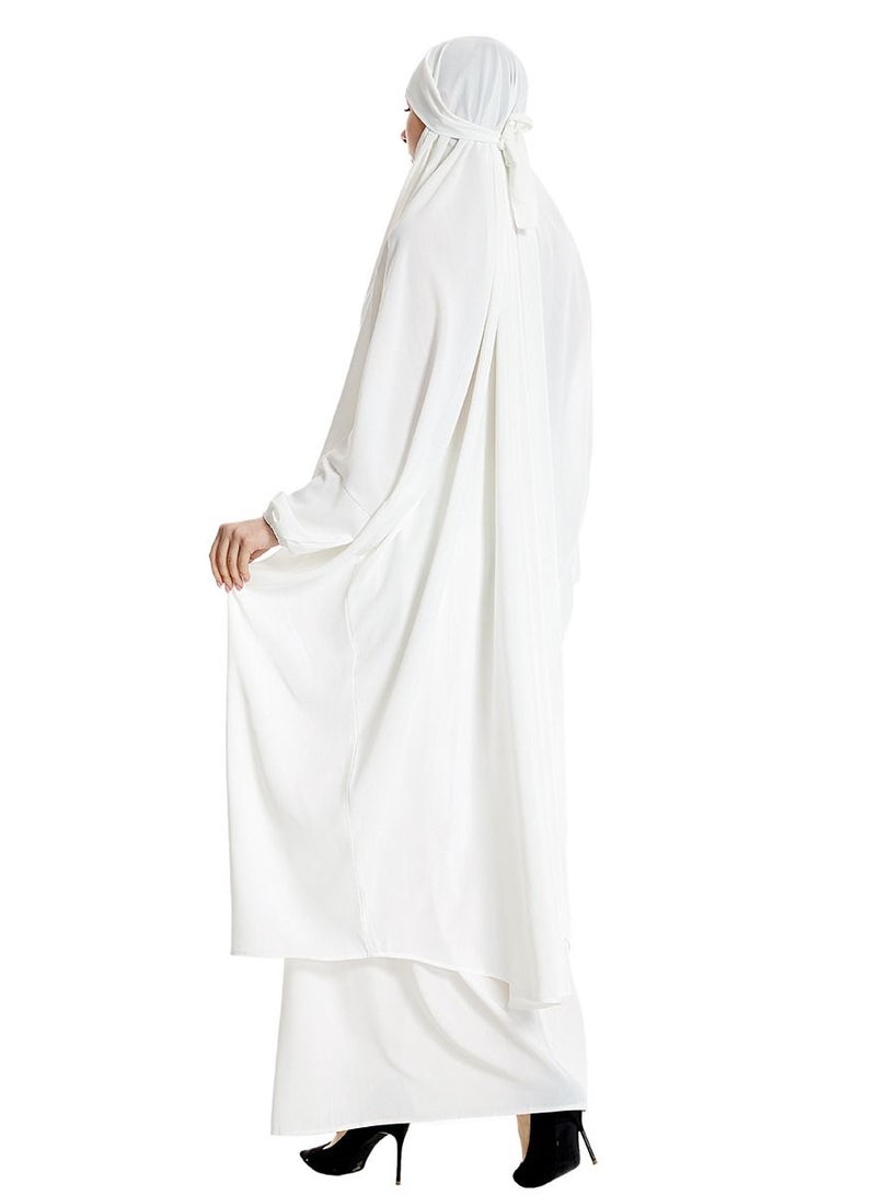 إسكدنيا Women's 2-Piece Solid Color Abaya Set Batwing Sleeve Abaya Thobe Robe And Half Skirt Suit White  - Image 2
