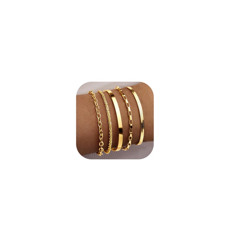 WomenGifts Chunky Gold Bracelets for Women Stack, Adjustable Set 14K Gold Plated on Copper, Stackable Bangle, Box Link, Figaro, Herringbone, Sparkling Chain, Waterproof Tarnish Resistant Jewelry Gift for Women - Image 1