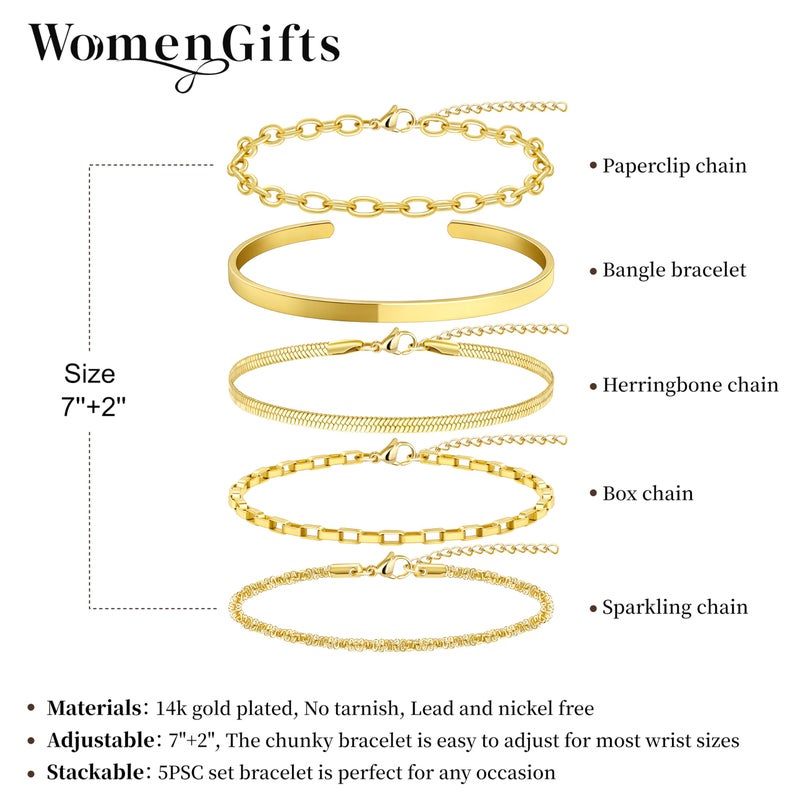 WomenGifts Chunky Gold Bracelets for Women Stack, Adjustable Set 14K Gold Plated on Copper, Stackable Bangle, Box Link, Figaro, Herringbone, Sparkling Chain, Waterproof Tarnish Resistant Jewelry Gift for Women - Image 4