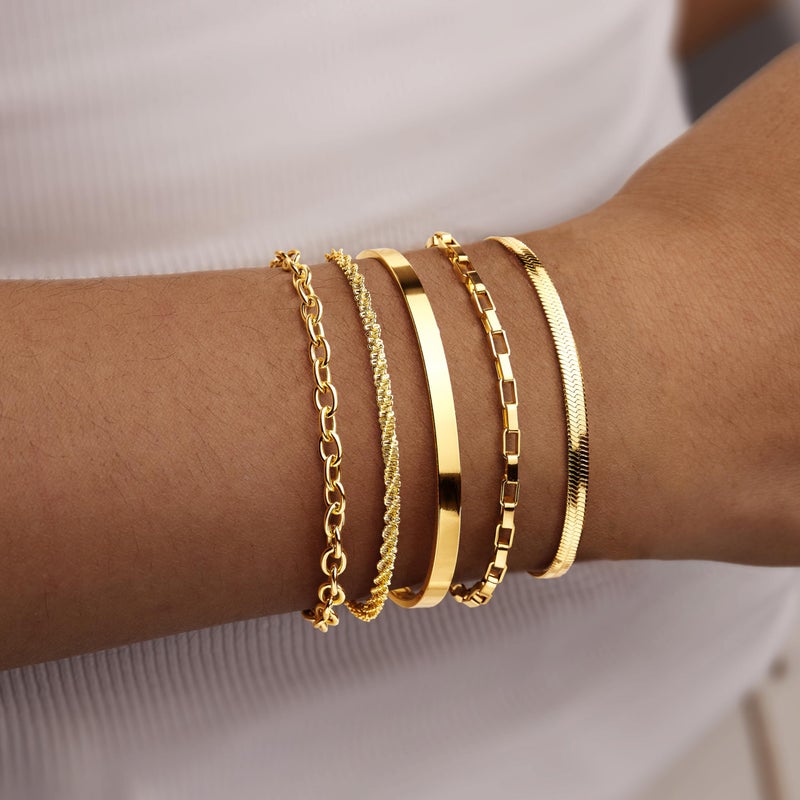 WomenGifts Chunky Gold Bracelets for Women Stack, Adjustable Set 14K Gold Plated on Copper, Stackable Bangle, Box Link, Figaro, Herringbone, Sparkling Chain, Waterproof Tarnish Resistant Jewelry Gift for Women - Image 2