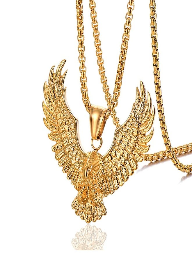 Fusamk Punk Rock Stainless Steel Animal Eagle Tag Pendant Wings Necklace(Gold) - Image 1