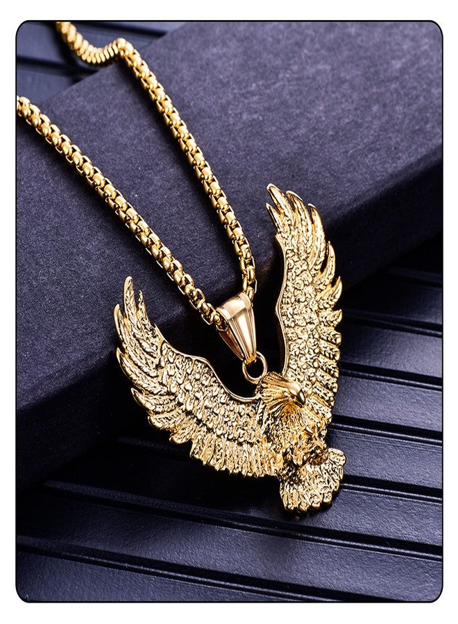 Fusamk Punk Rock Stainless Steel Animal Eagle Tag Pendant Wings Necklace(Gold) - Image 3